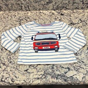 “Mini Boden” Striped Long Sleeve Shirt with Fire Truck Design with Flip Up, EUC